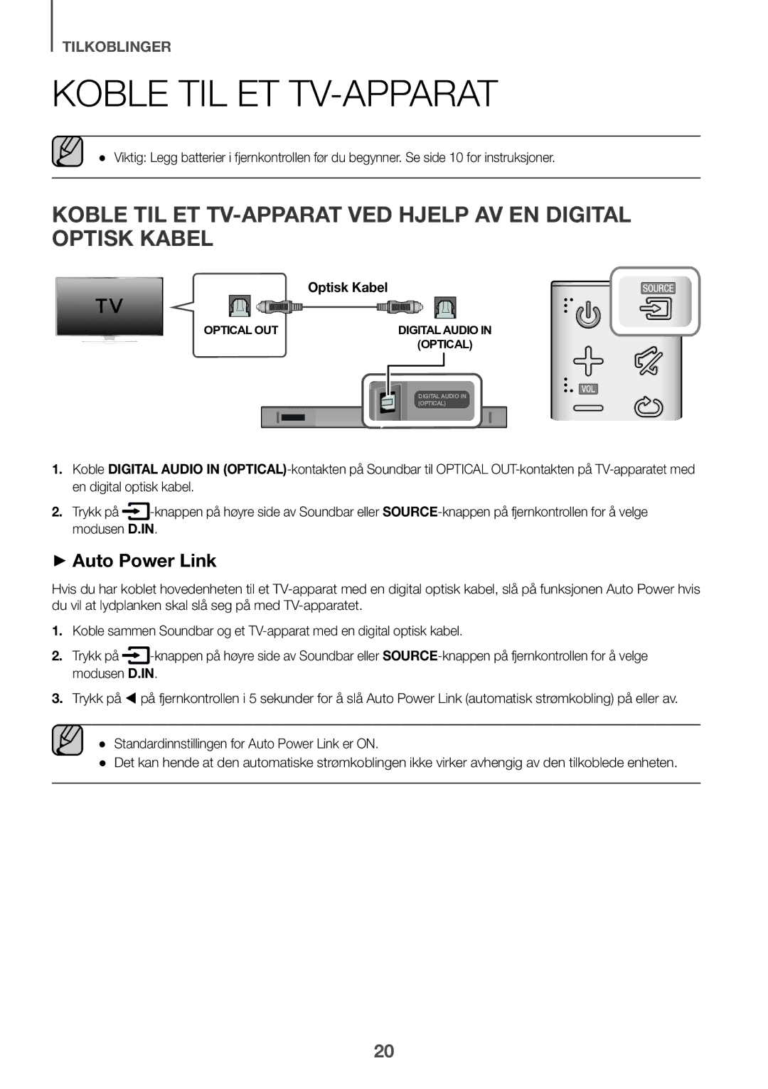 Samsung HW-K440/XE manual Koble TIL ET TV-APPARAT VED Hjelp AV EN Digital Optisk Kabel 