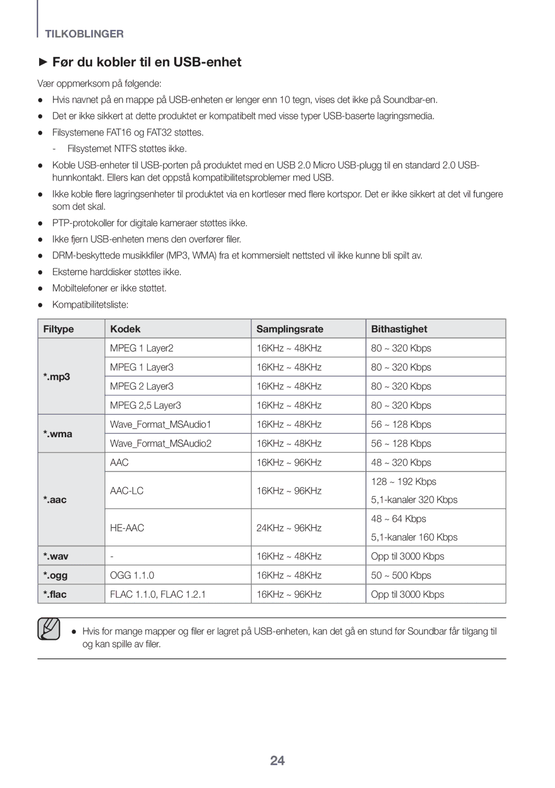 Samsung HW-K440/XE manual ++Før du kobler til en USB-enhet, Filtype Kodek Samplingsrate Bithastighet 