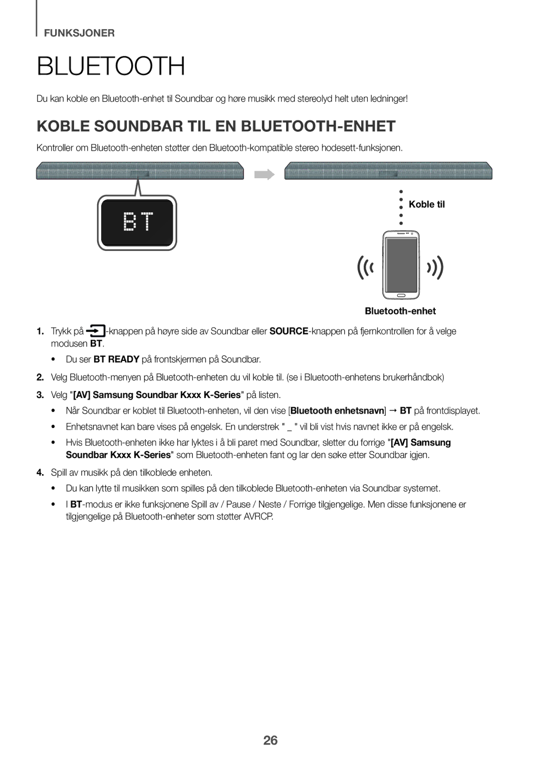 Samsung HW-K440/XE manual Koble Soundbar TIL EN BLUETOOTH-ENHET, Koble til Bluetooth-enhet 