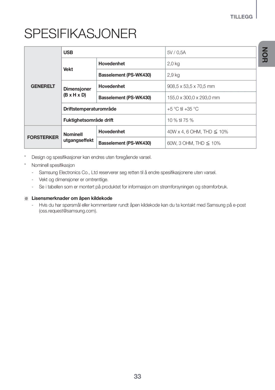 Samsung HW-K440/XE manual Spesifikasjoner, Vekt Hovedenhet Basselement PS-WK430, Aa Lisensmerknader om åpen kildekode 