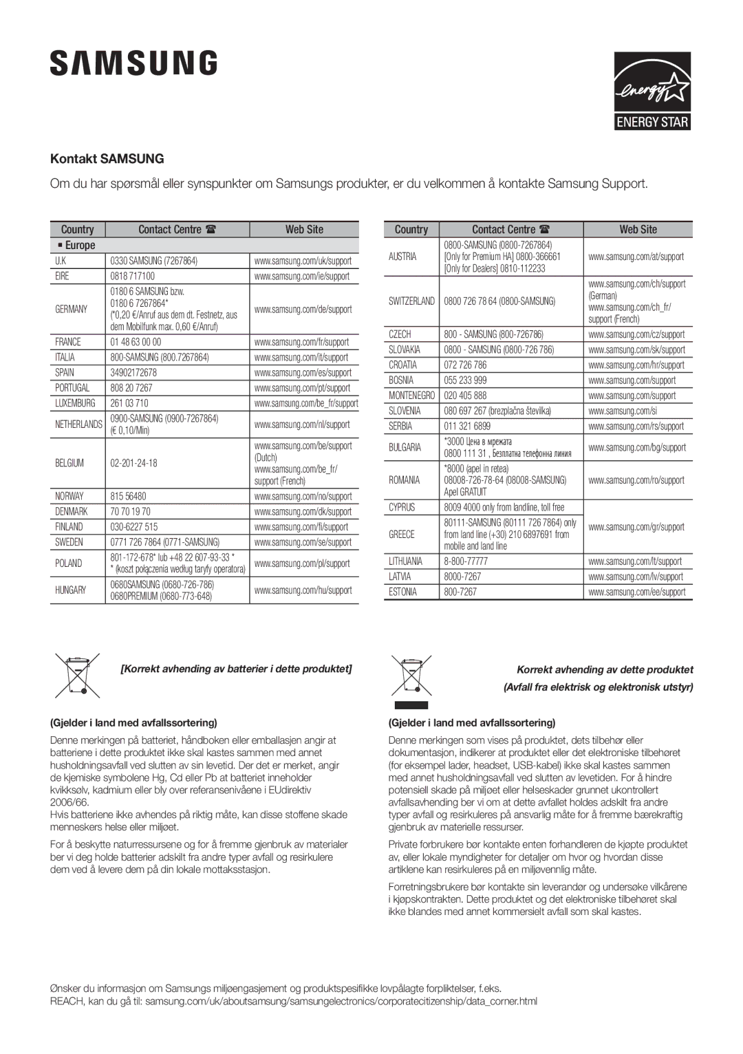 Samsung HW-K440/XE manual Gjelder i land med avfallssortering 