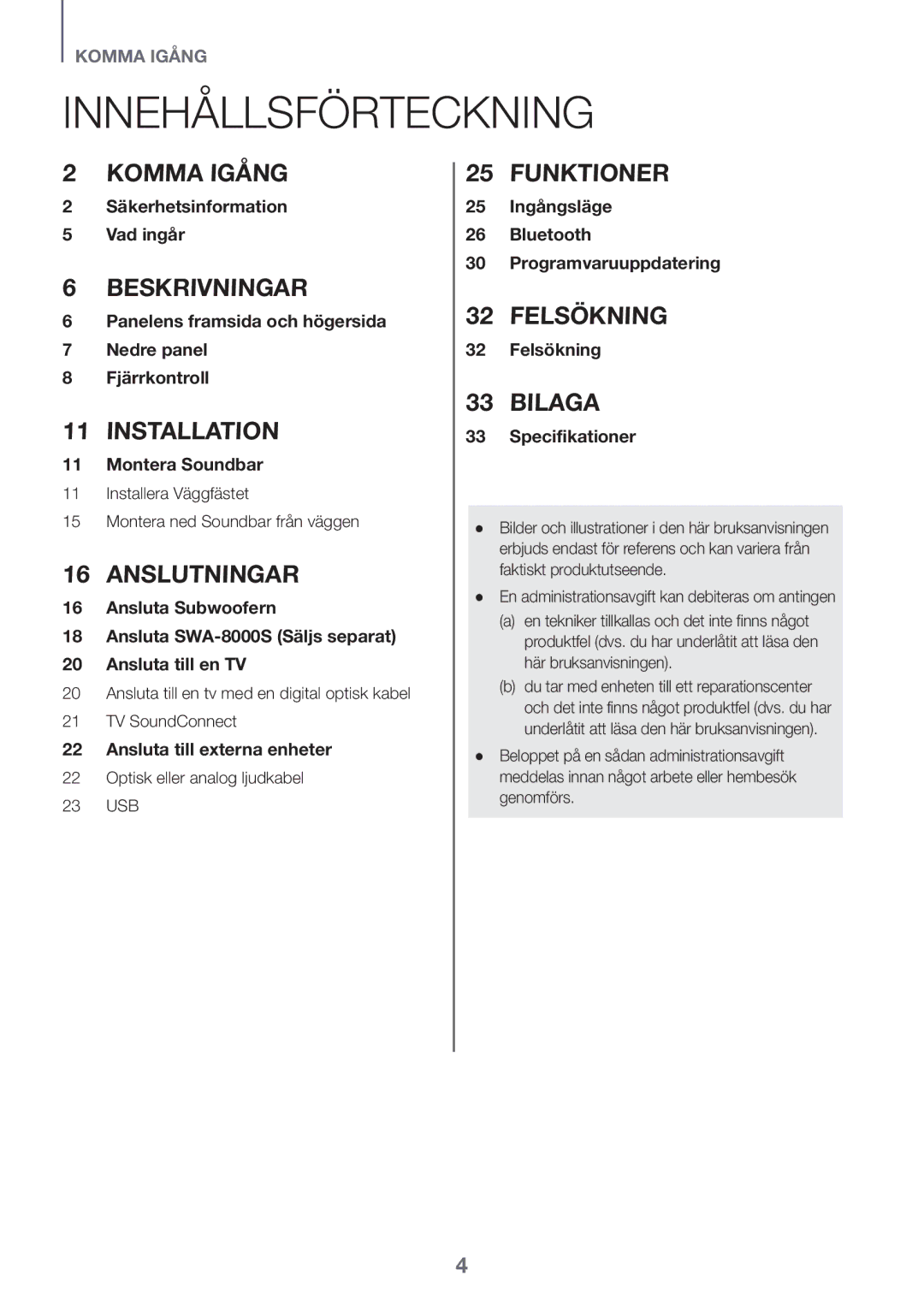 Samsung HW-K440/XE manual Innehållsförteckning, Installera Väggfästet Montera ned Soundbar från väggen 