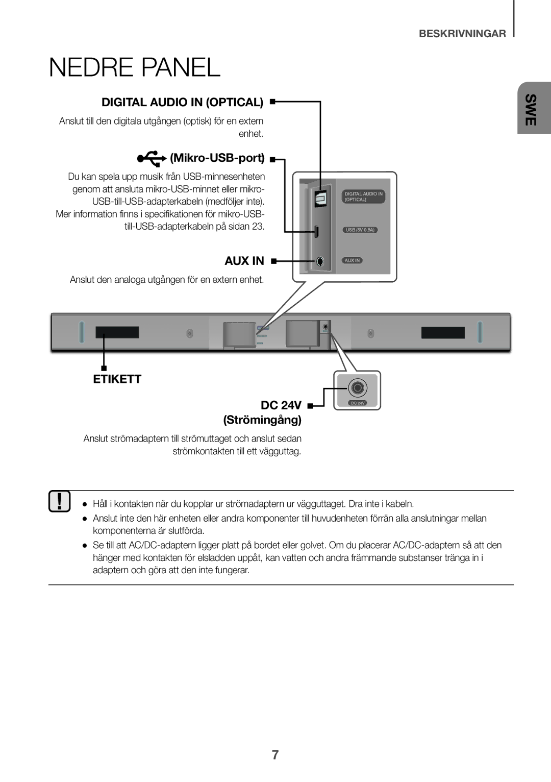 Samsung HW-K440/XE manual Nedre Panel, Anslut den analoga utgången för en extern enhet, Strömkontakten till ett vägguttag 