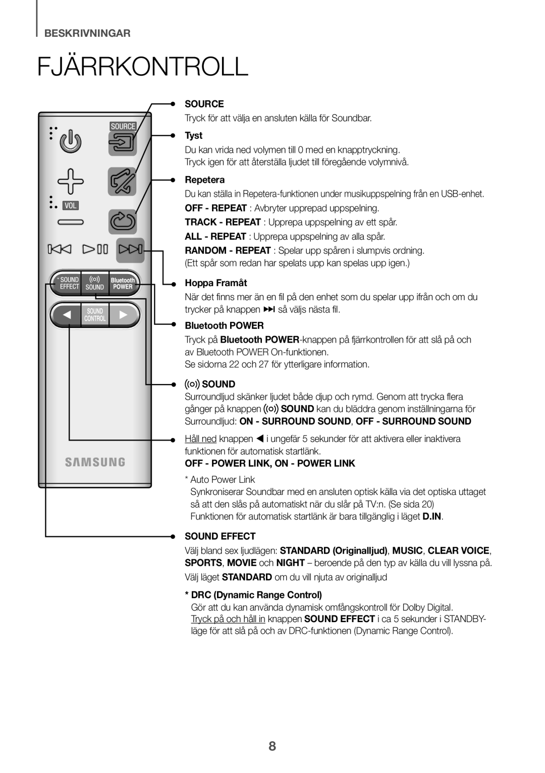 Samsung HW-K440/XE manual Fjärrkontroll, Tryck för att välja en ansluten källa för Soundbar, Tyst, Repetera, Hoppa Framåt 