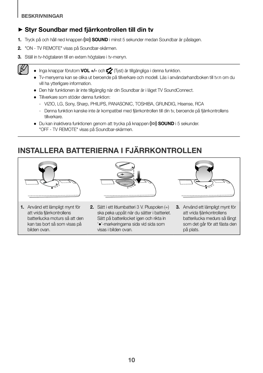 Samsung HW-K440/XE manual Installera Batterierna I Fjärrkontrollen, ++Styr Soundbar med fjärrkontrollen till din tv 