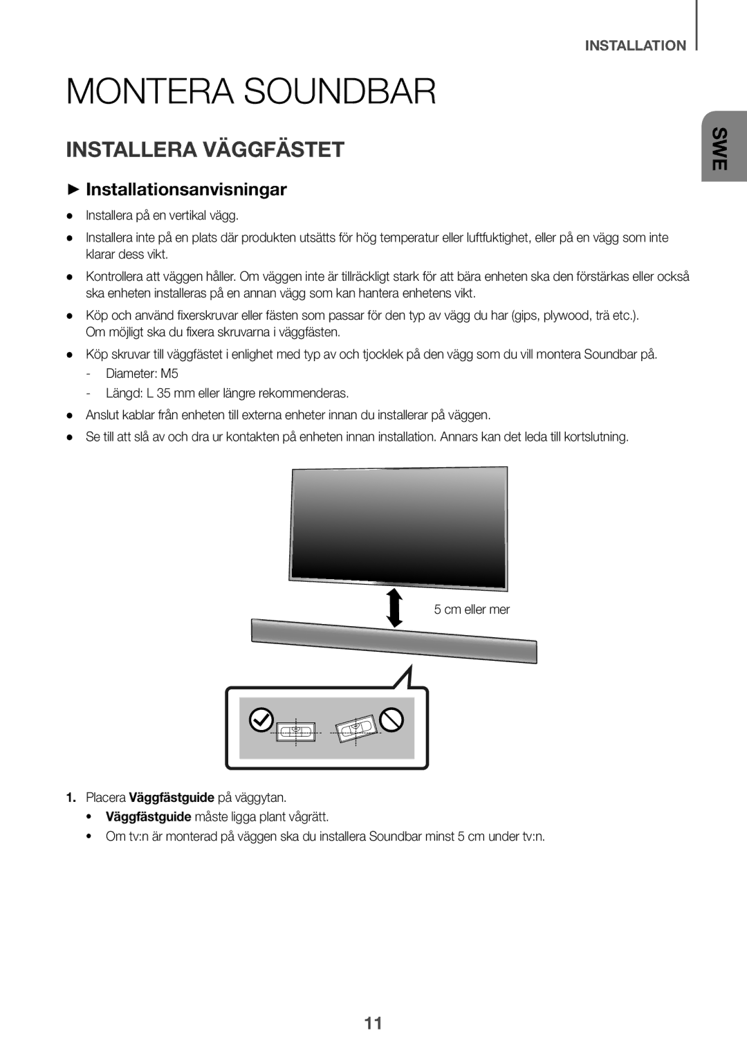 Samsung HW-K440/XE manual Montera Soundbar, Installera Väggfästet, ++Installationsanvisningar 