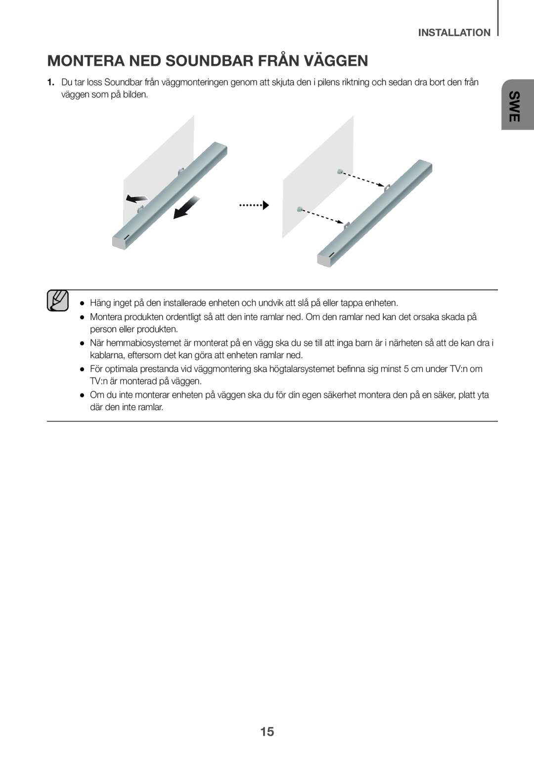 Samsung HW-K440/XE manual Montera NED Soundbar Från Väggen 