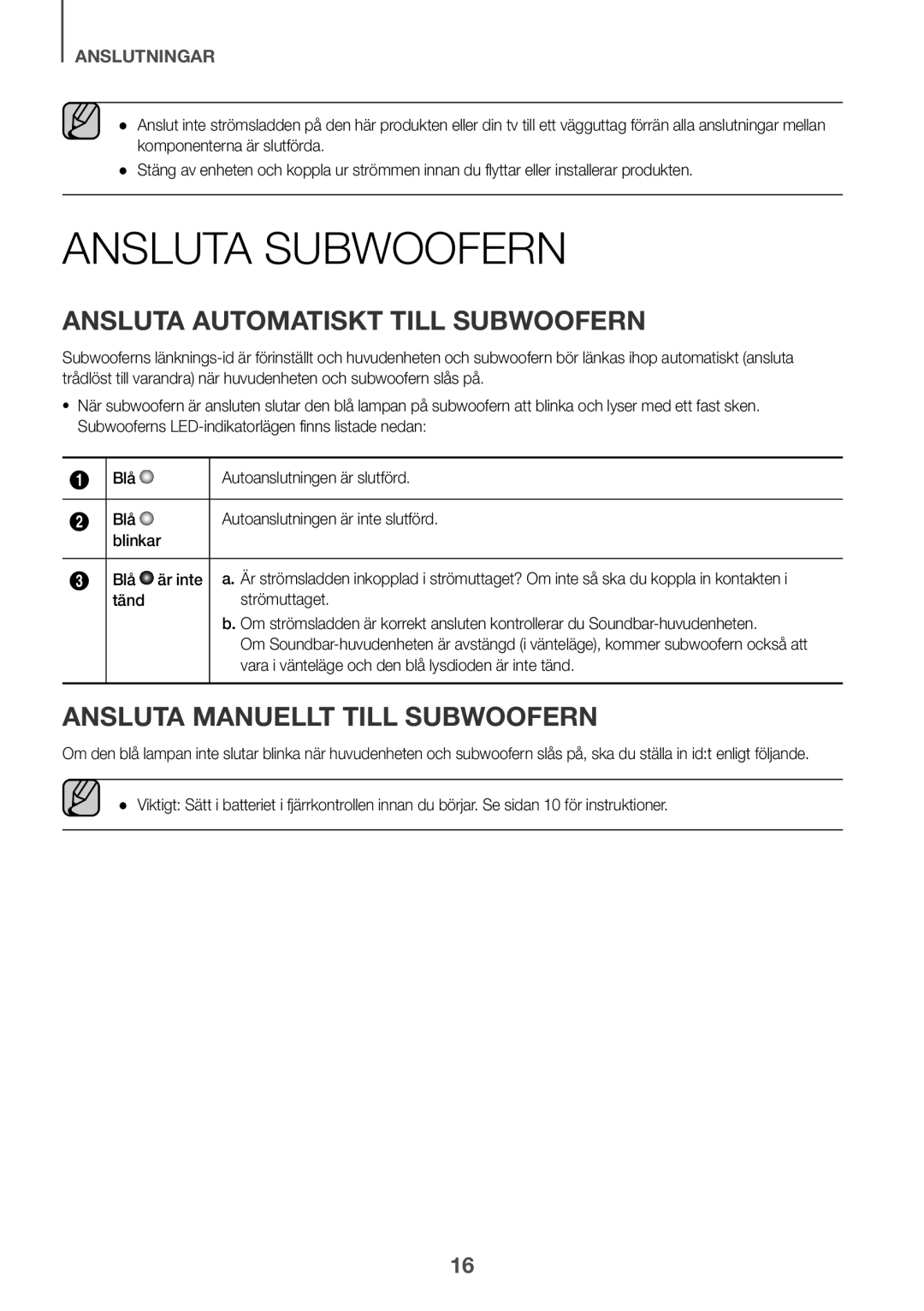 Samsung HW-K440/XE manual Ansluta Subwoofern, Ansluta Automatiskt Till Subwoofern, Ansluta Manuellt Till Subwoofern 