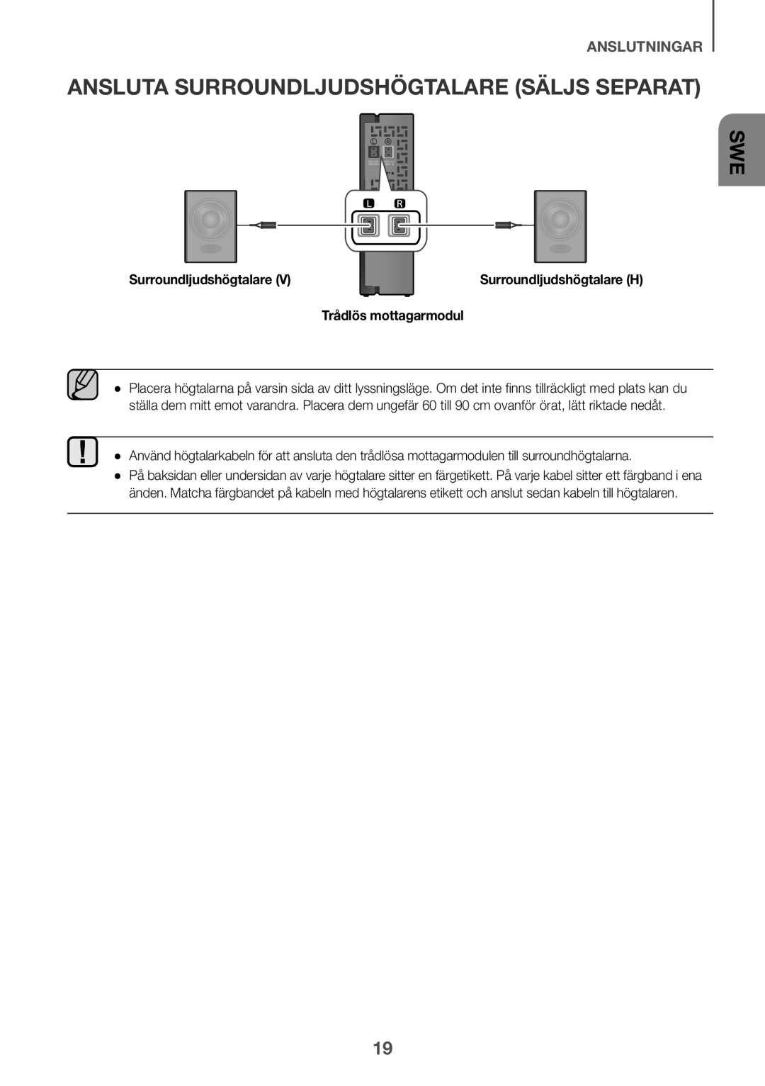 Samsung HW-K440/XE manual Ansluta Surroundljudshögtalare Säljs Separat, Trådlös mottagarmodul 