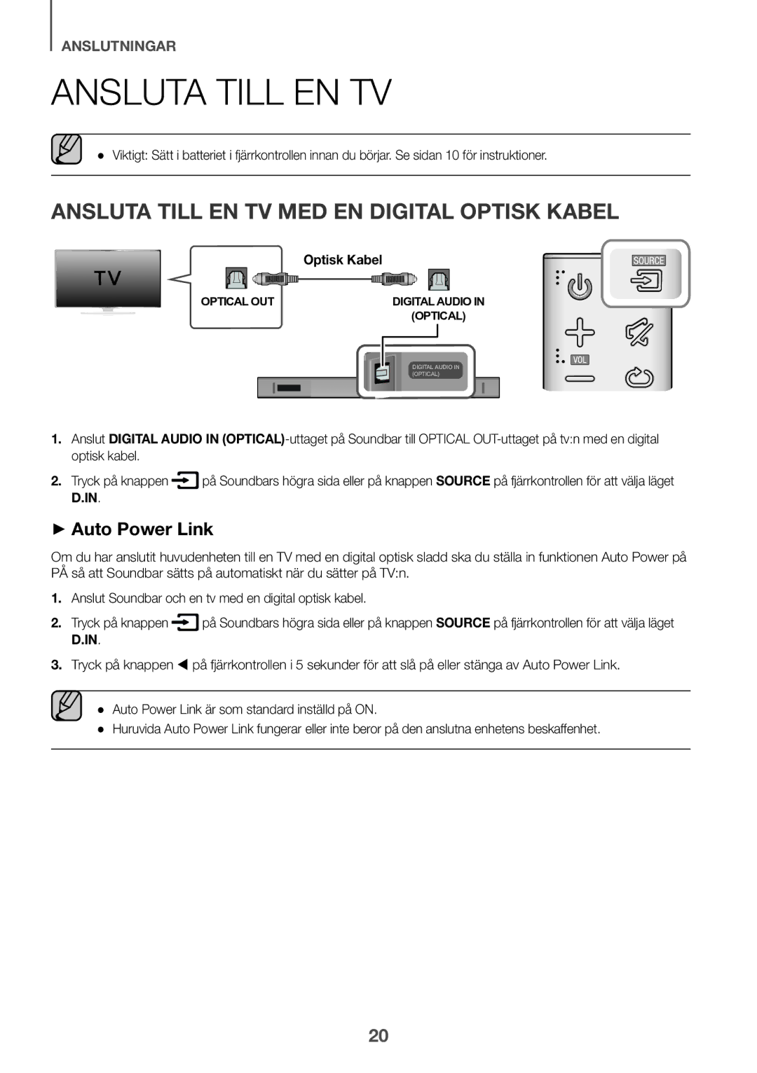 Samsung HW-K440/XE manual Ansluta Till EN TV MED EN Digital Optisk Kabel 