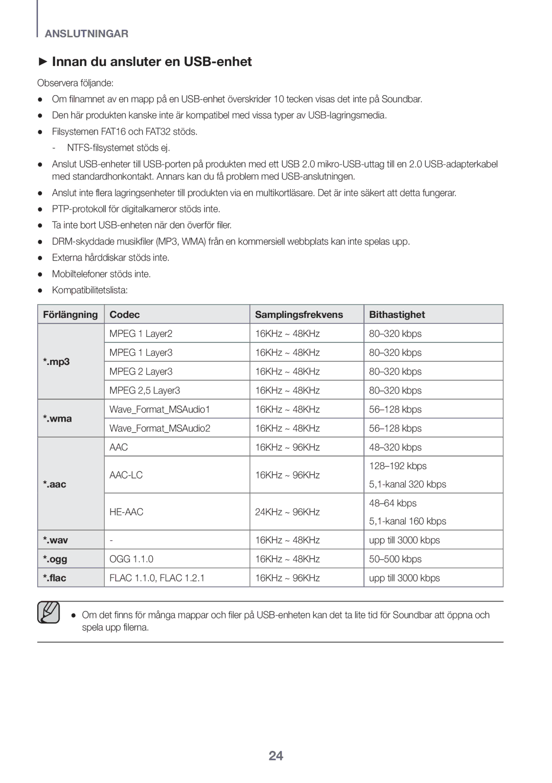 Samsung HW-K440/XE manual ++Innan du ansluter en USB-enhet, Förlängning Codec Samplingsfrekvens Bithastighet 