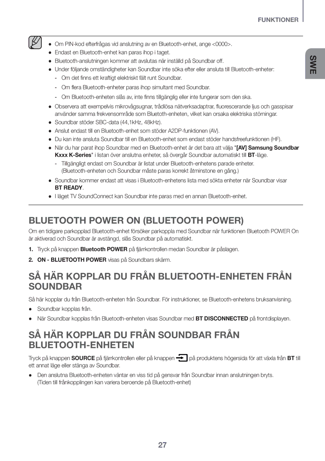 Samsung HW-K440/XE manual SÅ HÄR Kopplar DU Från BLUETOOTH-ENHETEN Från Soundbar 