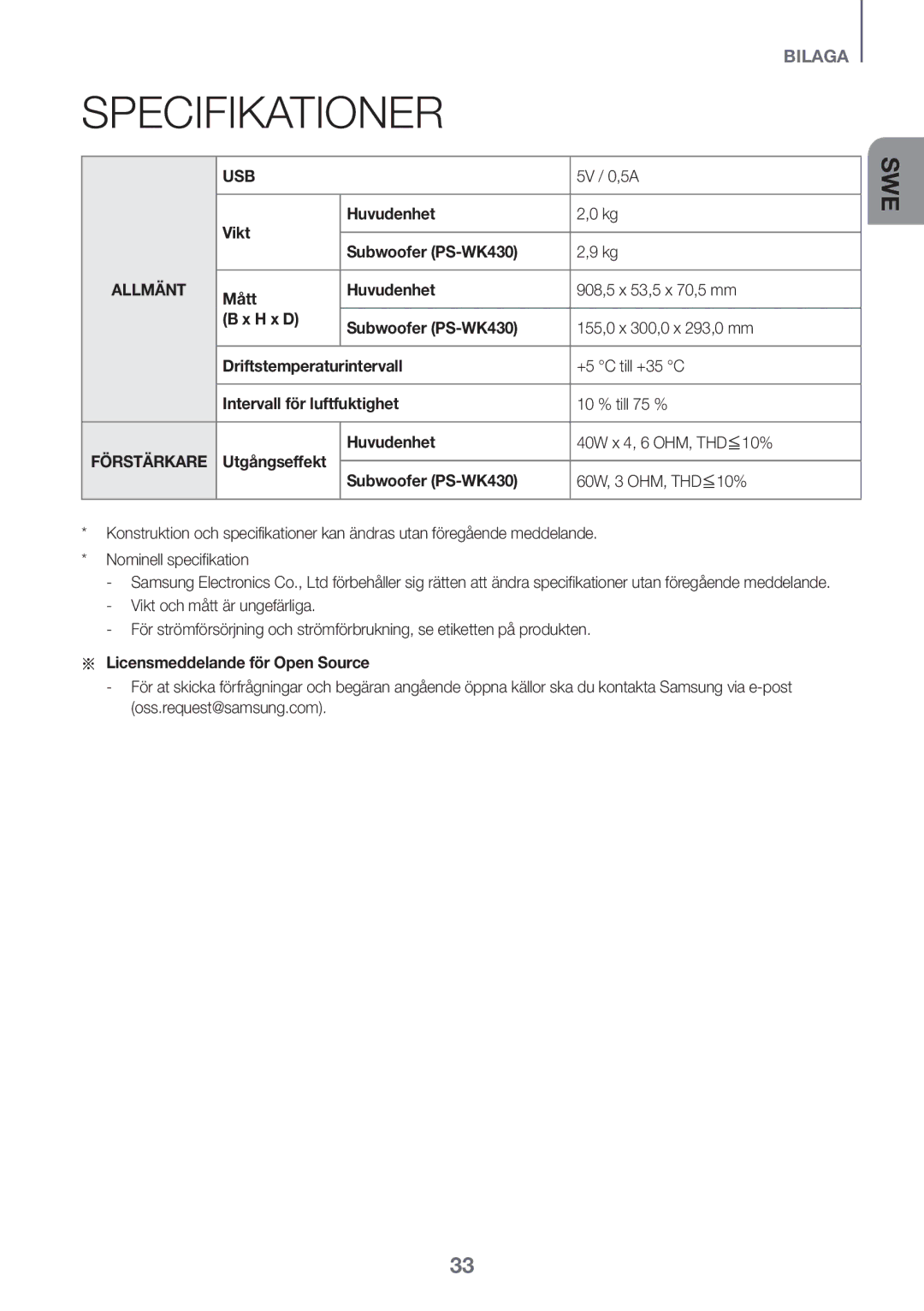 Samsung HW-K440/XE manual Vikt Huvudenhet, Aa Licensmeddelande för Open Source 