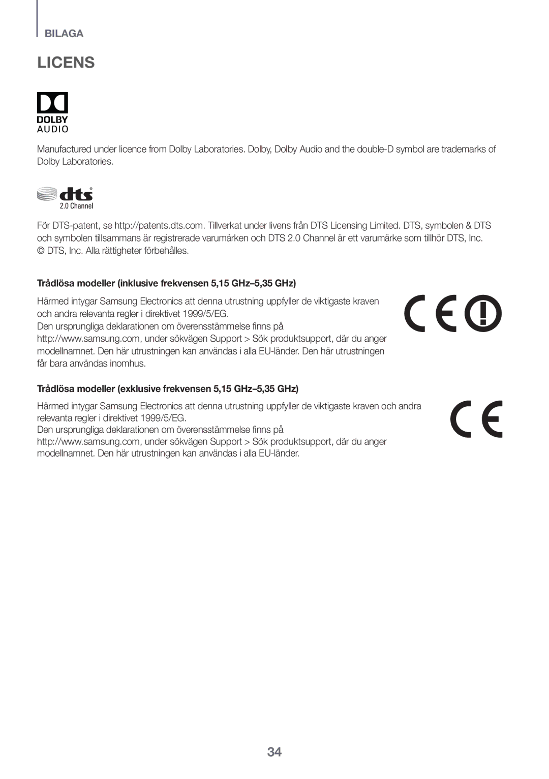 Samsung HW-K440/XE manual Trådlösa modeller inklusive frekvensen 5,15 GHz-5,35 GHz 