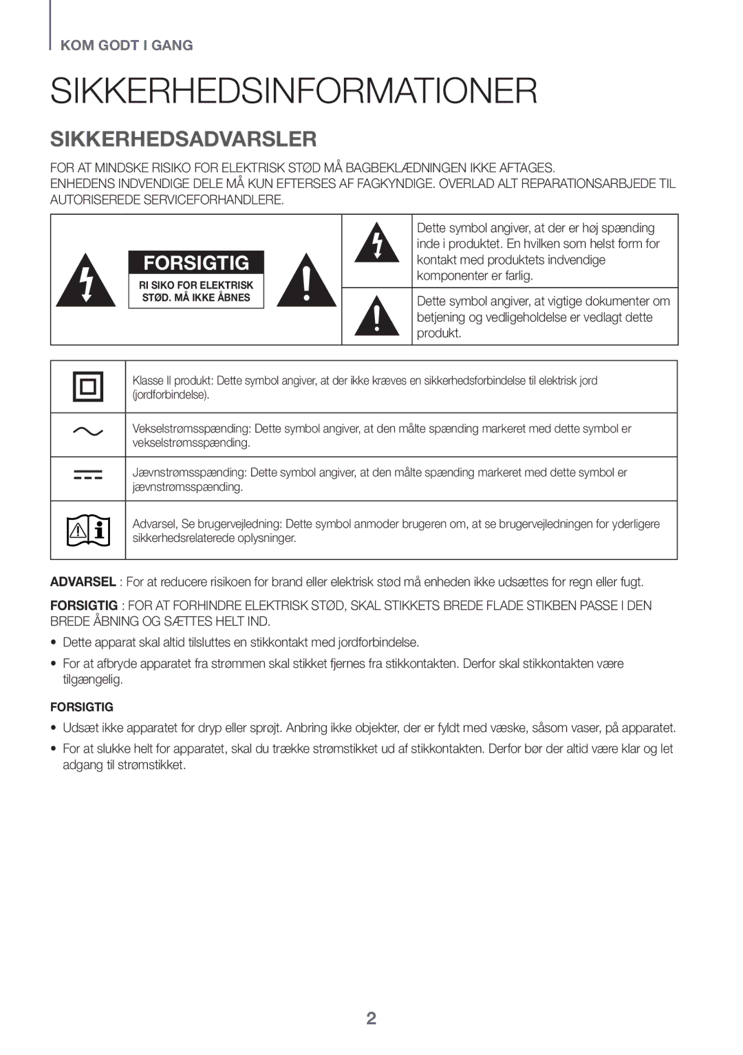 Samsung HW-K440/XE manual Sikkerhedsinformationer, Sikkerhedsadvarsler 