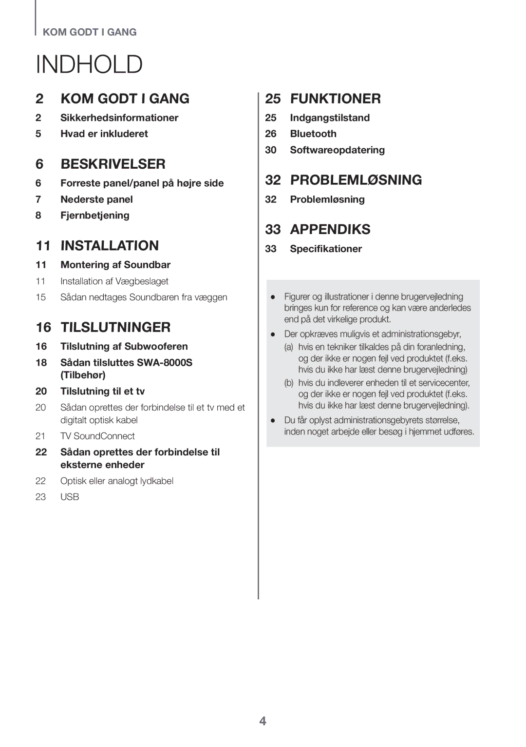 Samsung HW-K440/XE manual Indhold, Optisk eller analogt lydkabel 23 USB, Der opkræves muligvis et administrationsgebyr 