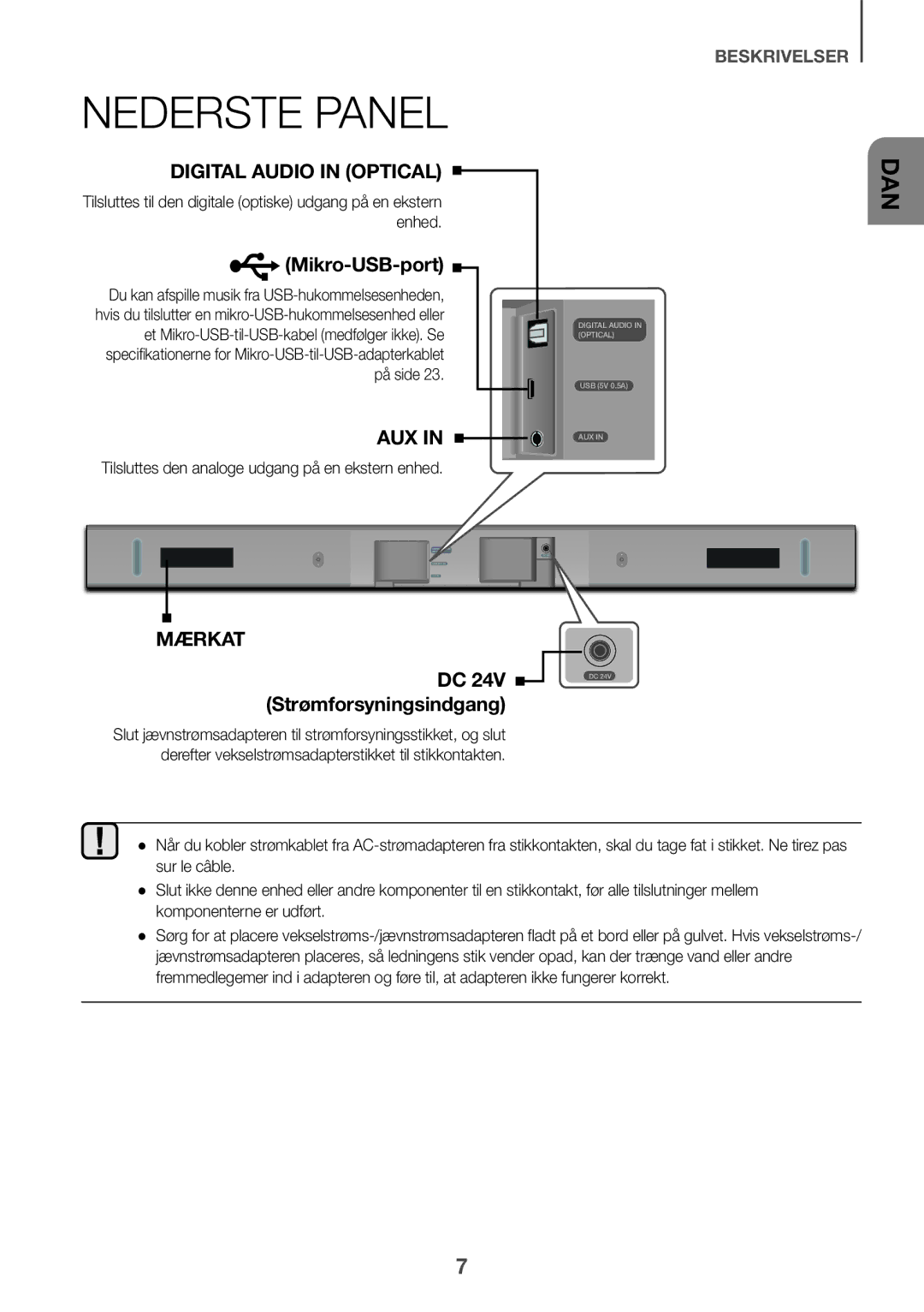 Samsung HW-K440/XE manual Nederste Panel, På side, Tilsluttes den analoge udgang på en ekstern enhed 