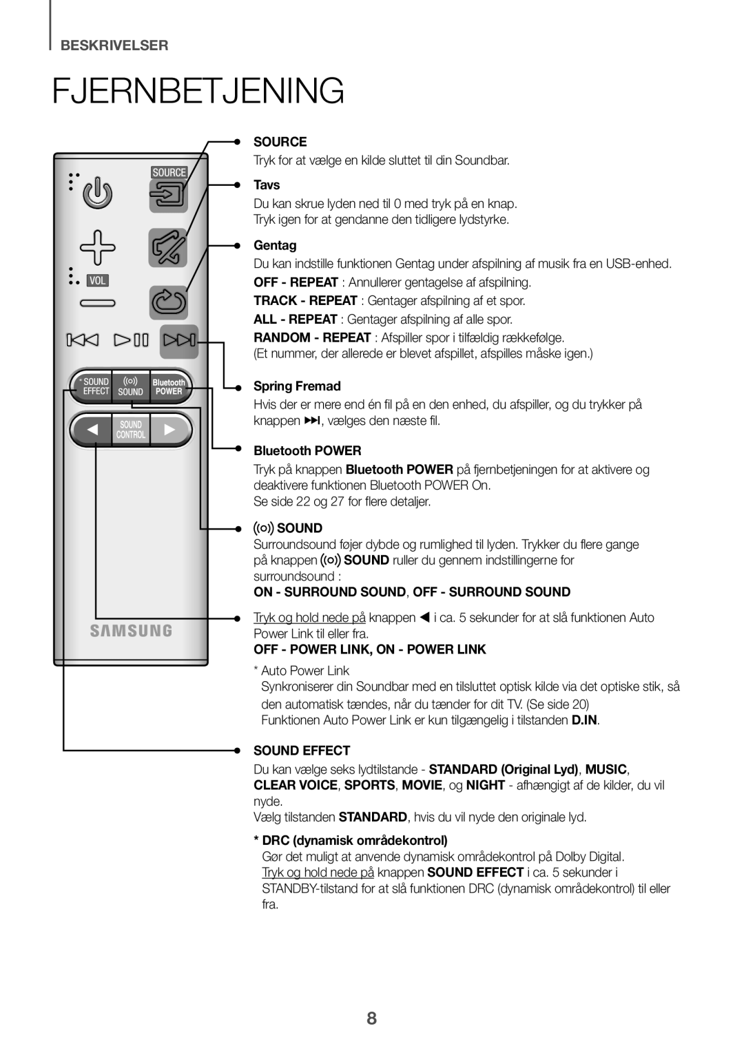 Samsung HW-K440/XE manual Fjernbetjening, Tavs, Gentag, Spring Fremad, DRC dynamisk områdekontrol 