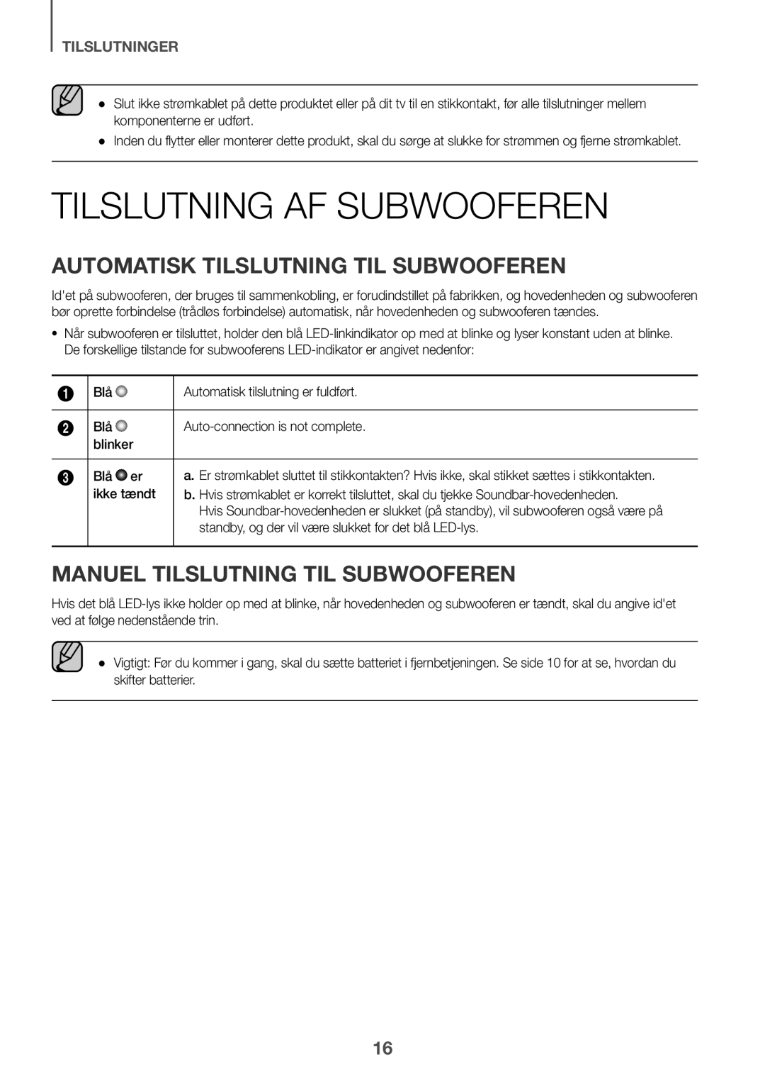 Samsung HW-K440/XE Tilslutning AF Subwooferen, Automatisk Tilslutning TIL Subwooferen, Manuel Tilslutning TIL Subwooferen 