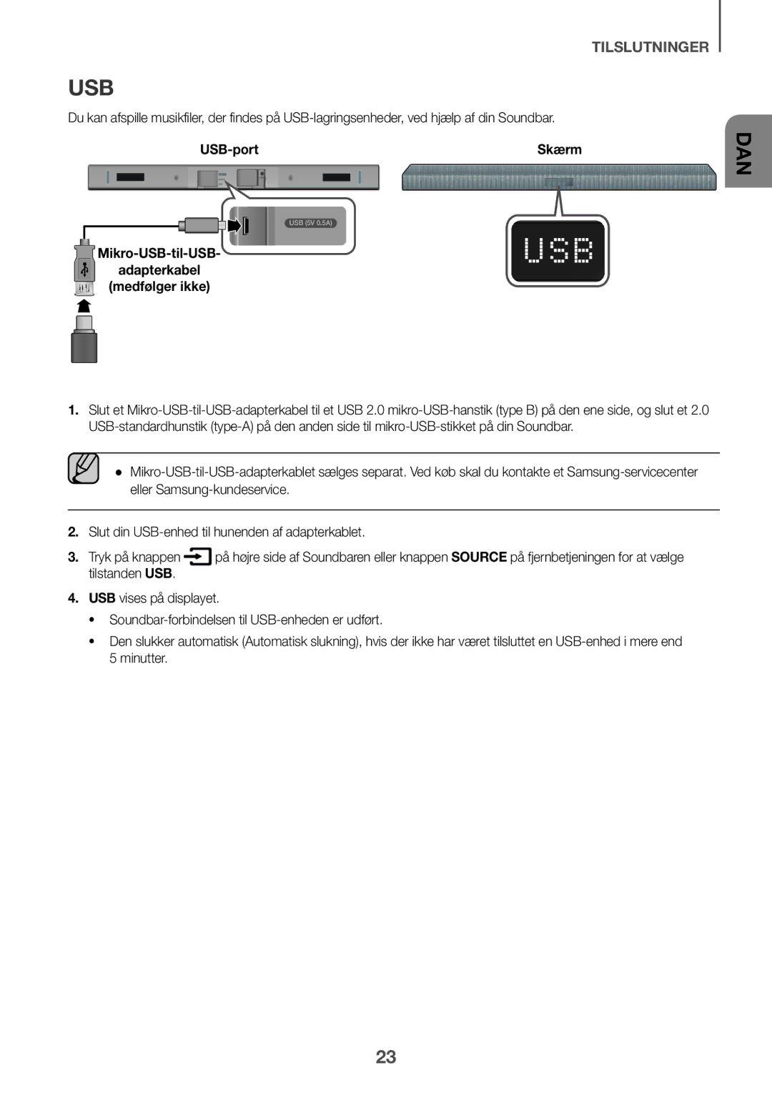 Samsung HW-K440/XE manual USB-port, Mikro-USB-til-USB Adapterkabel Medfølger ikke 