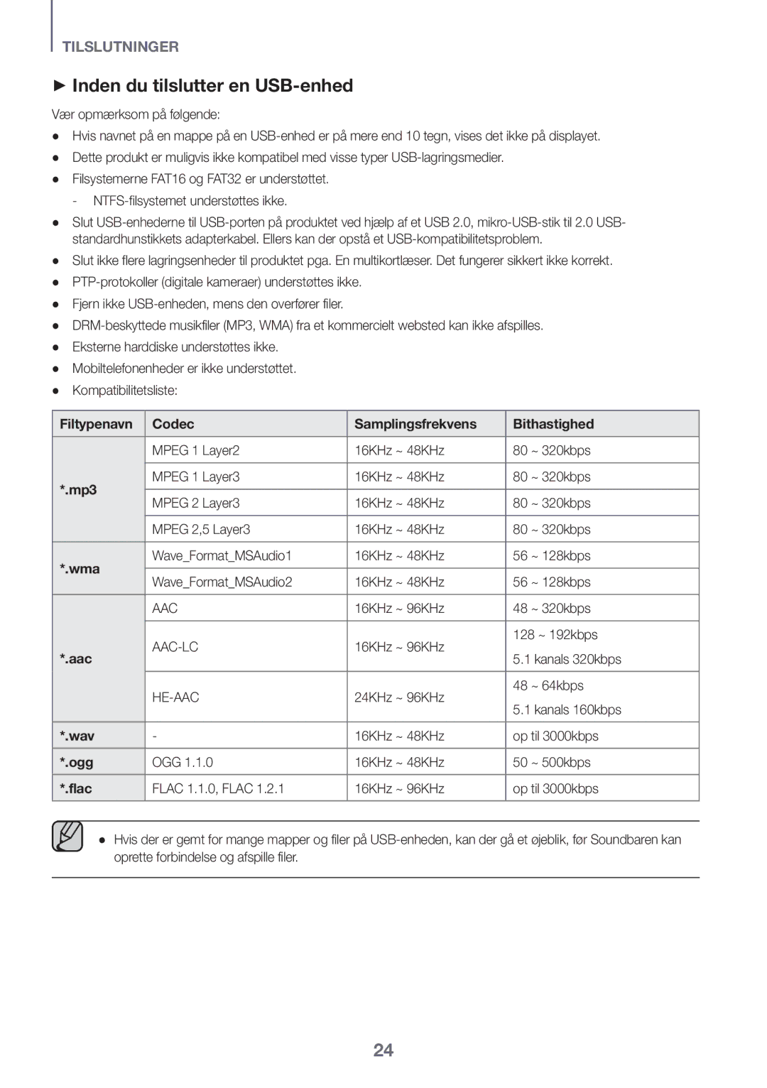 Samsung HW-K440/XE manual ++Inden du tilslutter en USB-enhed, Filtypenavn Codec Samplingsfrekvens Bithastighed 