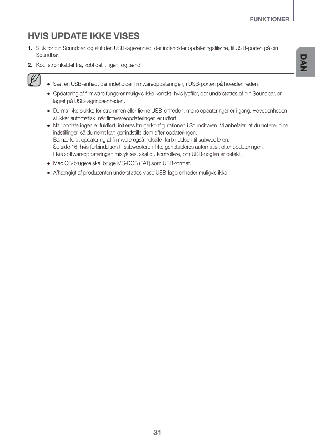 Samsung HW-K440/XE manual Hvis Update Ikke Vises 