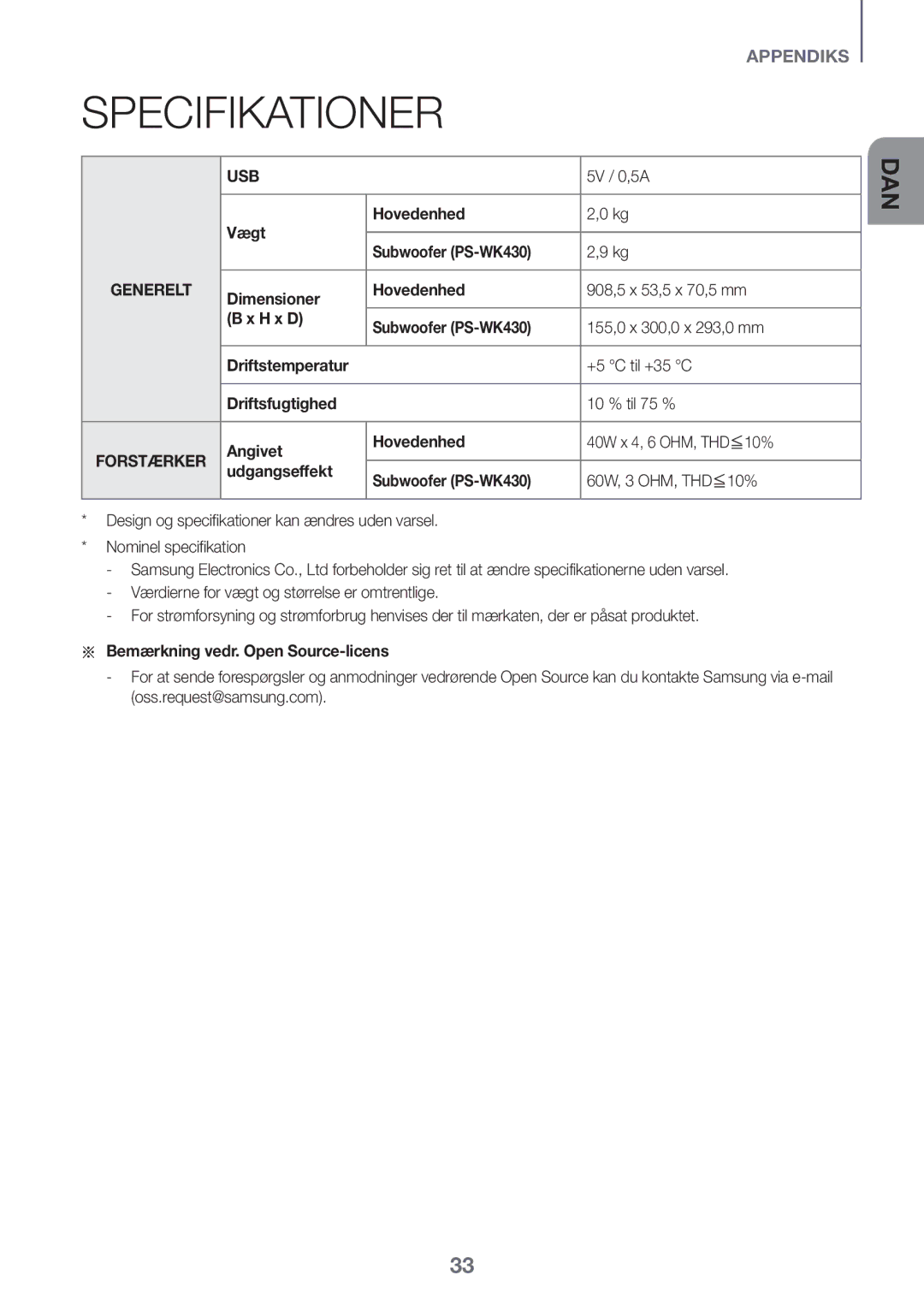 Samsung HW-K440/XE Specifikationer, 5V / 0,5A, Vægt Hovedenhed Subwoofer PS-WK430, Aa Bemærkning vedr. Open Source-licens 