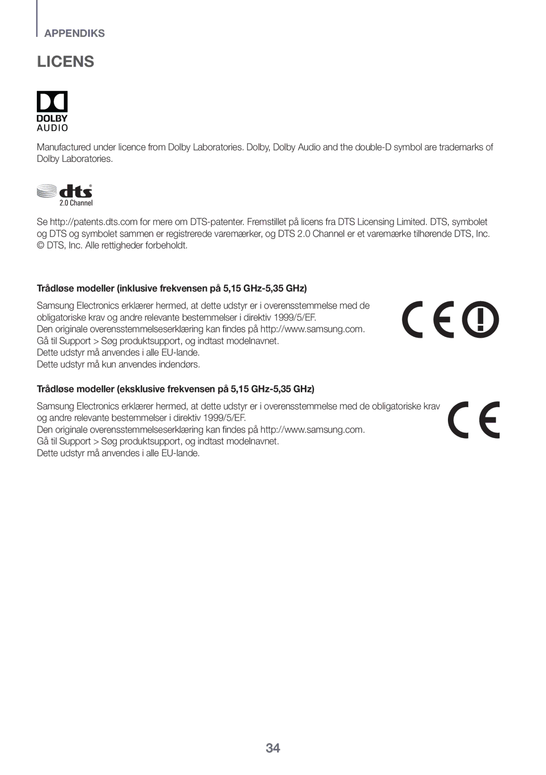 Samsung HW-K440/XE manual Licens, Trådløse modeller inklusive frekvensen på 5,15 GHz-5,35 GHz 