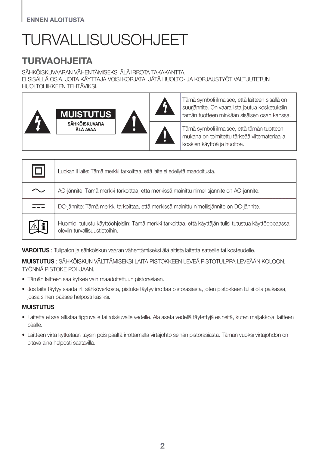 Samsung HW-K440/XE manual Turvallisuusohjeet, Turvaohjeita 