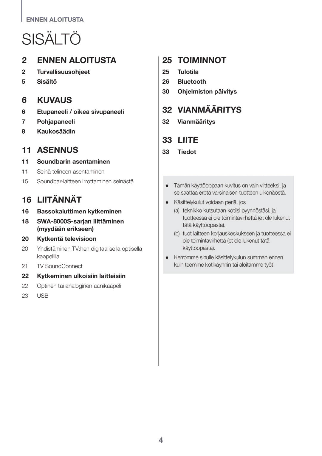 Samsung HW-K440/XE manual Sisältö, SWA-8000S-sarjan liittäminen myydään erikseen, Optinen tai analoginen äänikaapeli 23 USB 