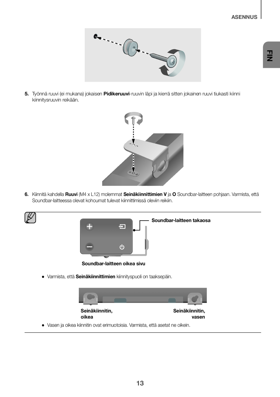 Samsung HW-K440/XE manual Soundbar-laitteen takaosa Soundbar-laitteen oikea sivu, Seinäkiinnitin, Oikea Vasen 