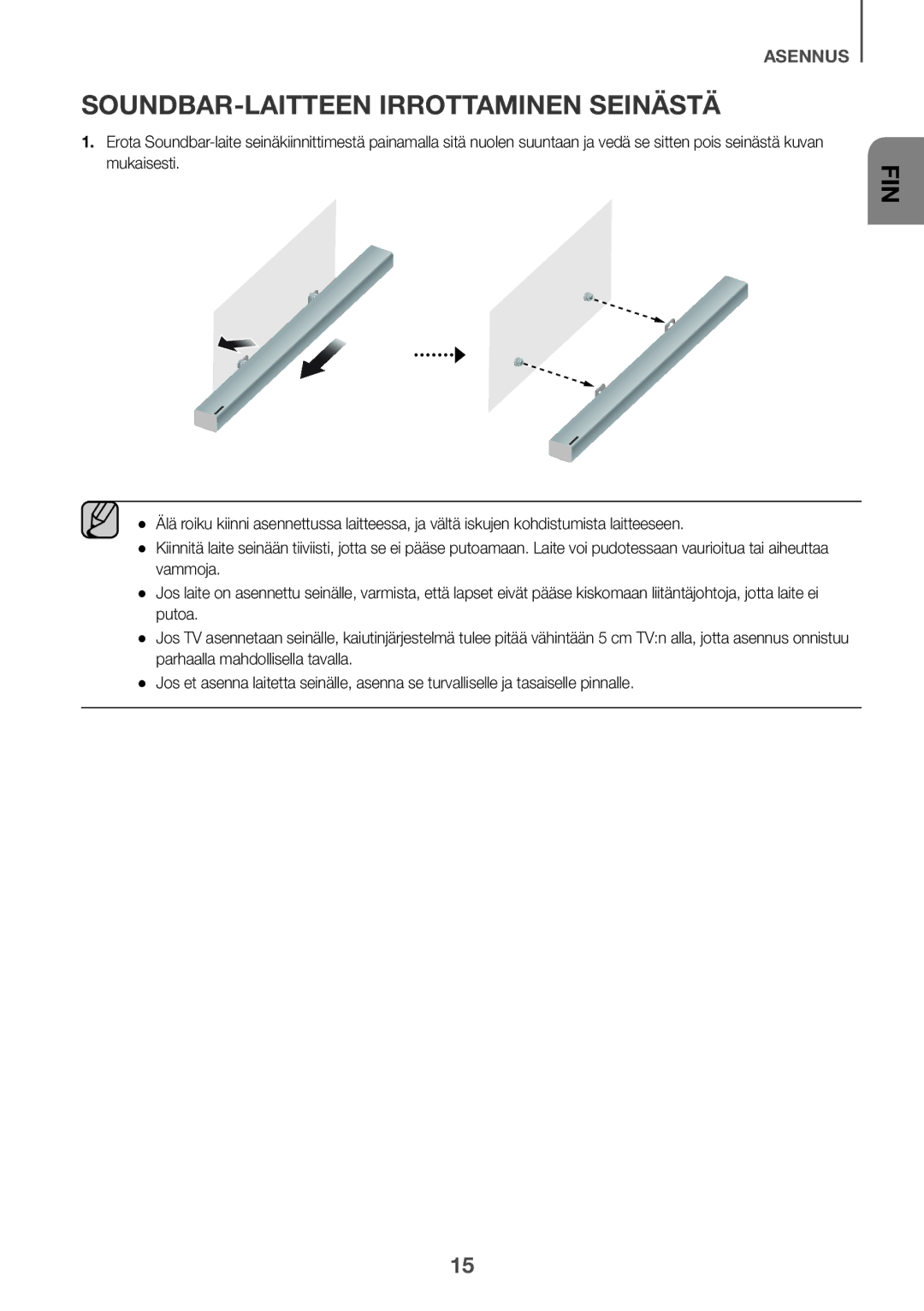 Samsung HW-K440/XE manual SOUNDBAR-LAITTEEN Irrottaminen Seinästä 