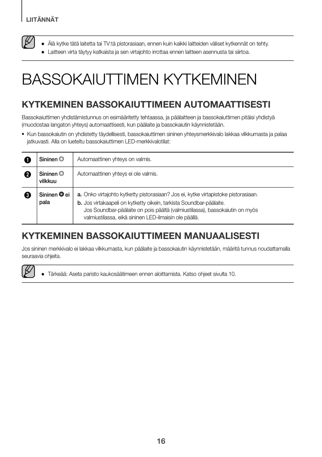 Samsung HW-K440/XE manual Bassokaiuttimen Kytkeminen, Kytkeminen Bassokaiuttimeen Automaattisesti 