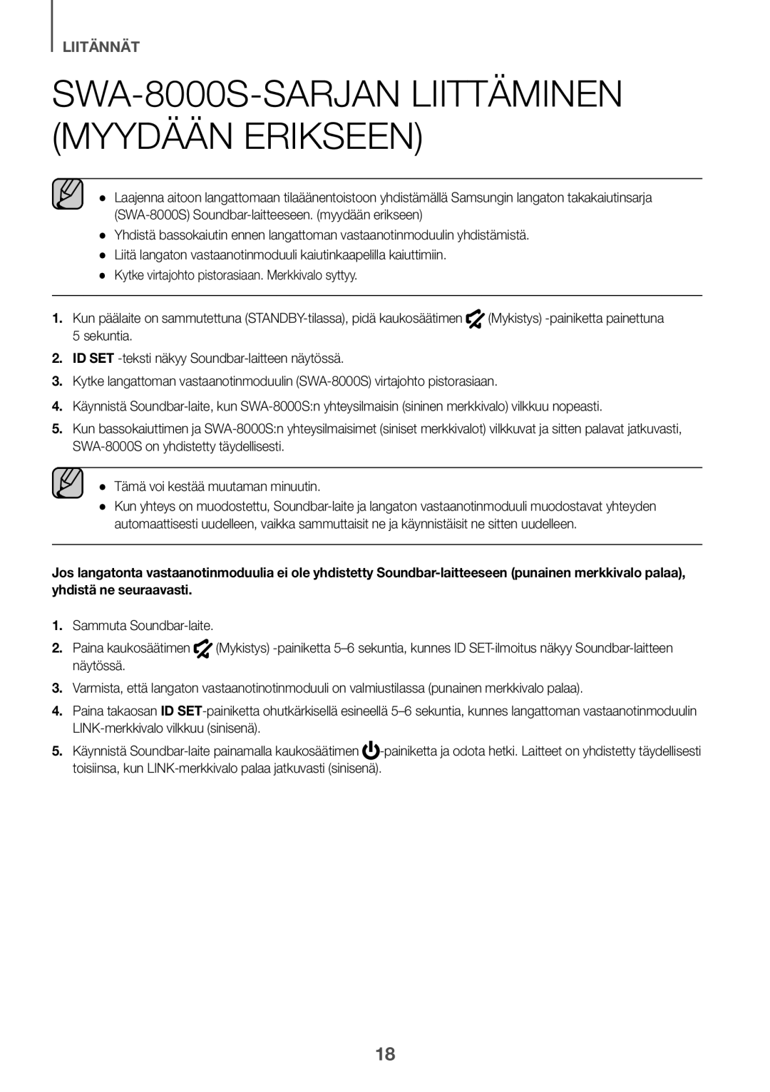 Samsung HW-K440/XE manual SWA-8000S-SARJAN Liittäminen Myydään Erikseen 