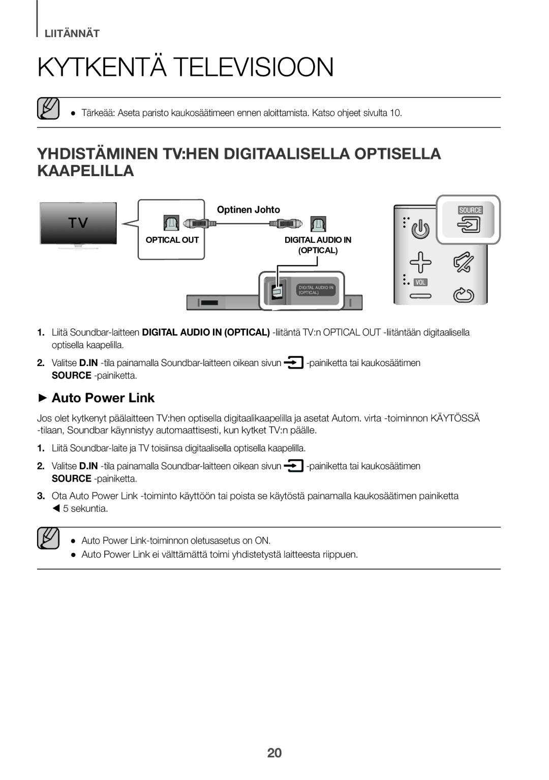 Samsung HW-K440/XE manual Kytkentä Televisioon, Yhdistäminen Tvhen Digitaalisella Optisella Kaapelilla, Optinen Johto 