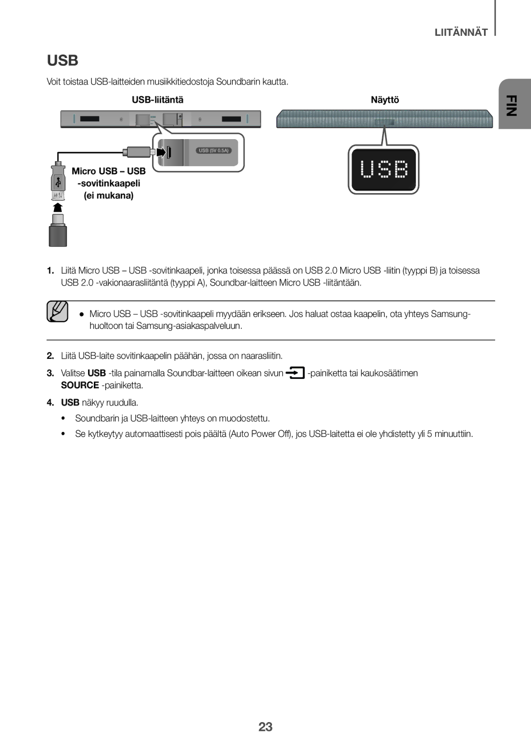 Samsung HW-K440/XE manual USB-liitäntä, Micro USB USB Sovitinkaapeli Ei mukana 