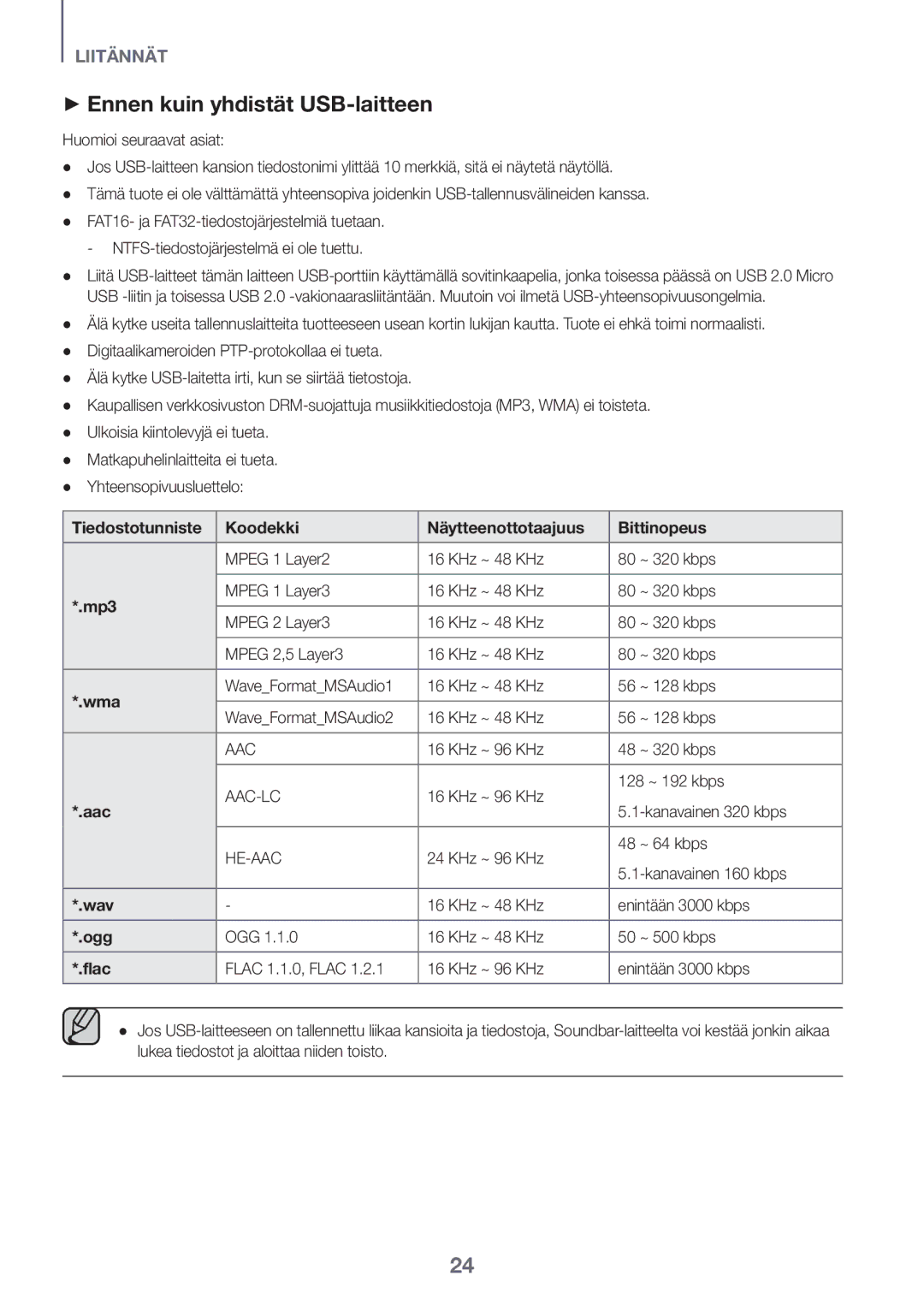 Samsung HW-K440/XE manual ++Ennen kuin yhdistät USB-laitteen, Tiedostotunniste Koodekki Näytteenottotaajuus Bittinopeus 