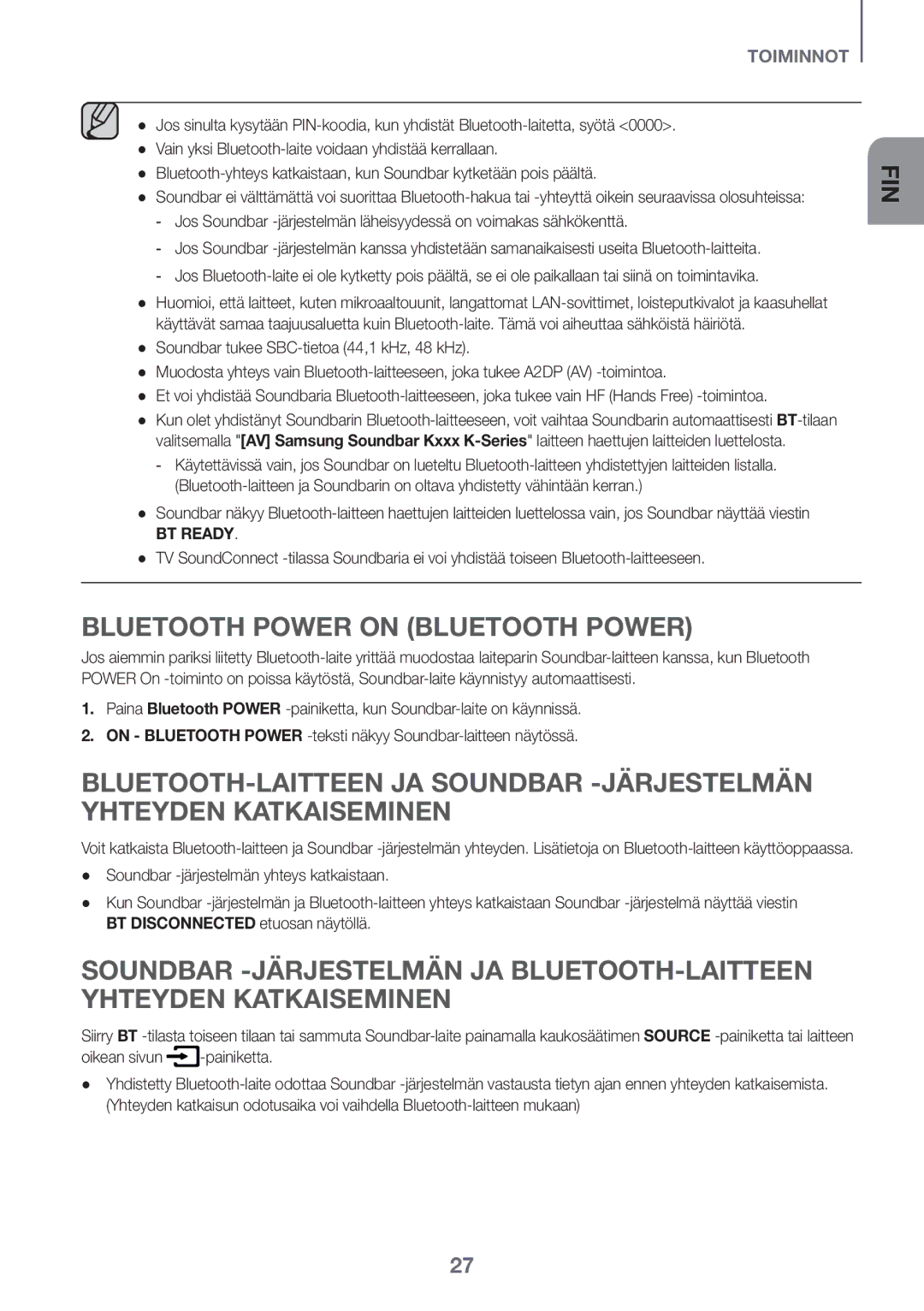 Samsung HW-K440/XE manual Bluetooth Power on Bluetooth Power, Oikean sivun Painiketta 