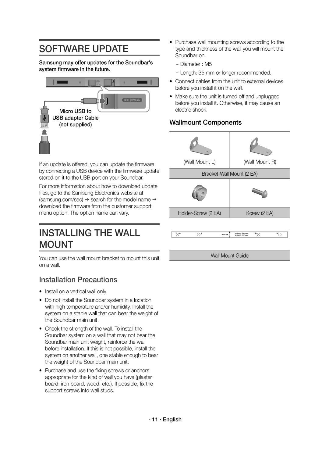 Samsung HW-K440/XE manual Software Update, Installing the Wall Mount, Installation Precautions, Wallmount Components 