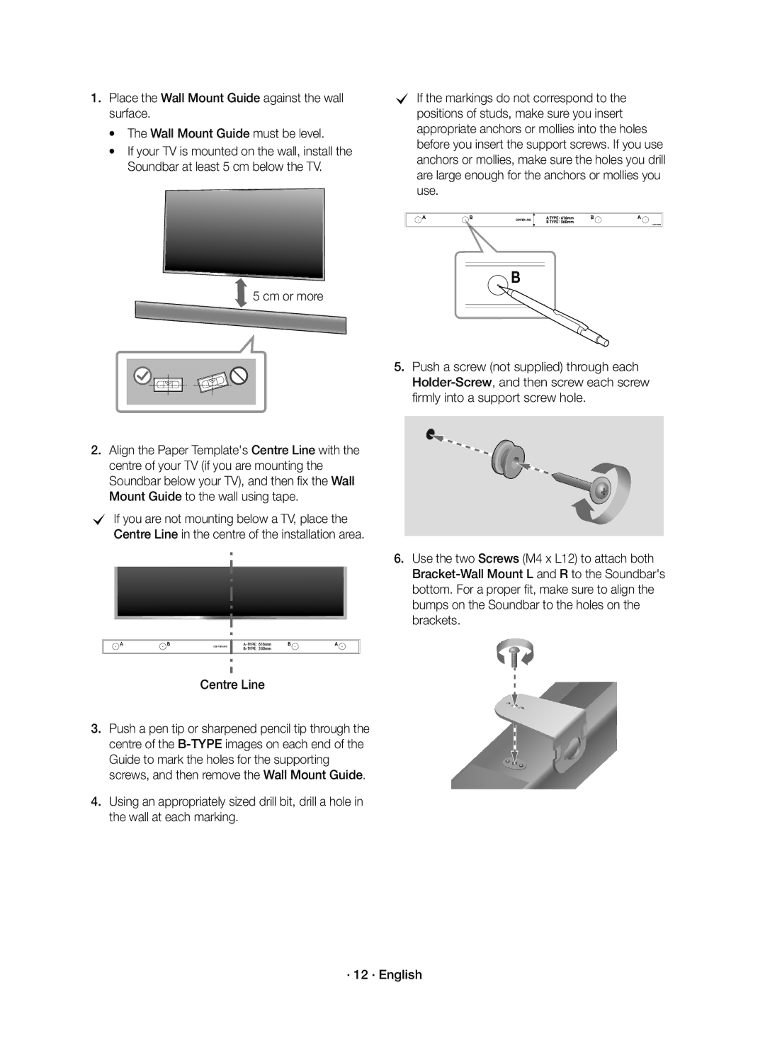 Samsung HW-K440/XE manual If your TV is mounted on the wall, install, Soundbar at least 5 cm below the TV, Centre Line 