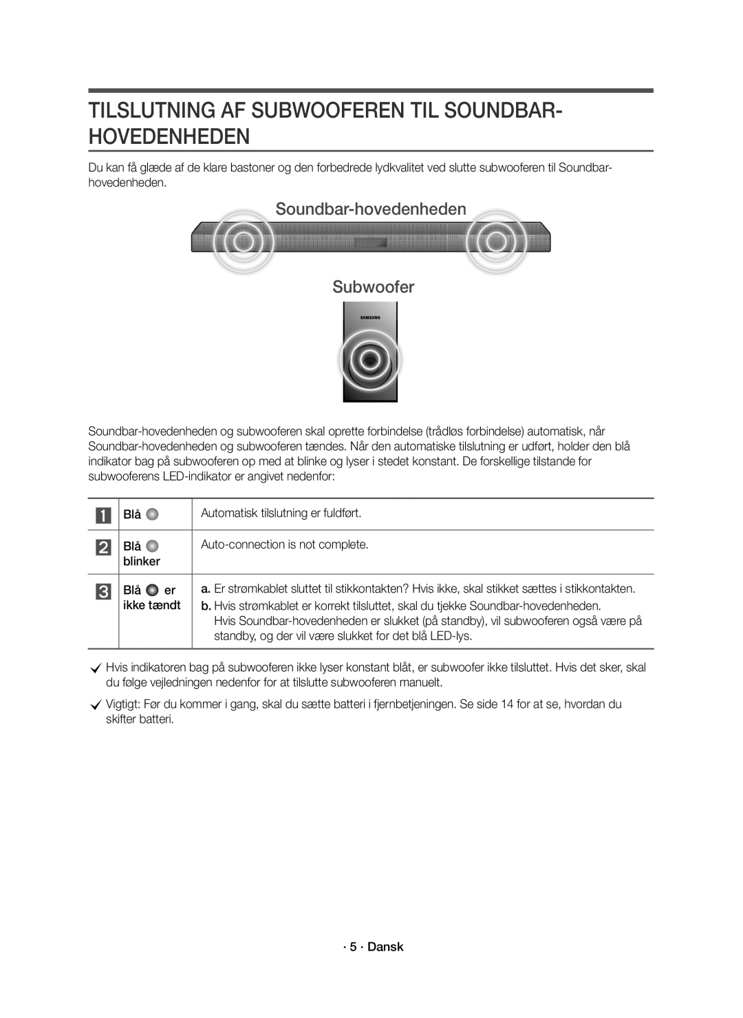 Samsung HW-K440/XE manual Tilslutning AF Subwooferen TIL SOUNDBAR- Hovedenheden, Soundbar-hovedenheden Subwoofer 