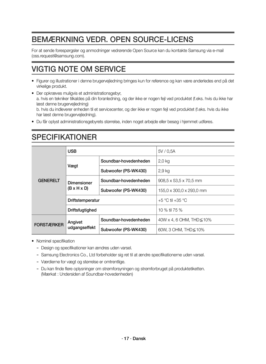 Samsung HW-K440/XE manual Bemærkning VEDR. Open SOURCE-LICENS, Vigtig Note OM Service, Specifikationer 