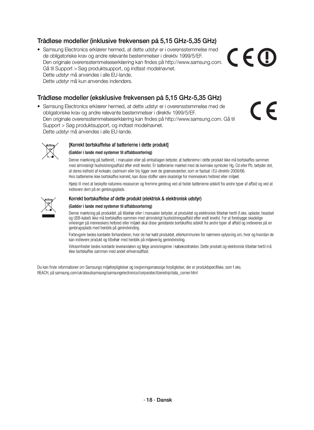 Samsung HW-K440/XE manual Trådløse modeller inklusive frekvensen på 5,15 GHz-5,35 GHz, · 18 · Dansk 