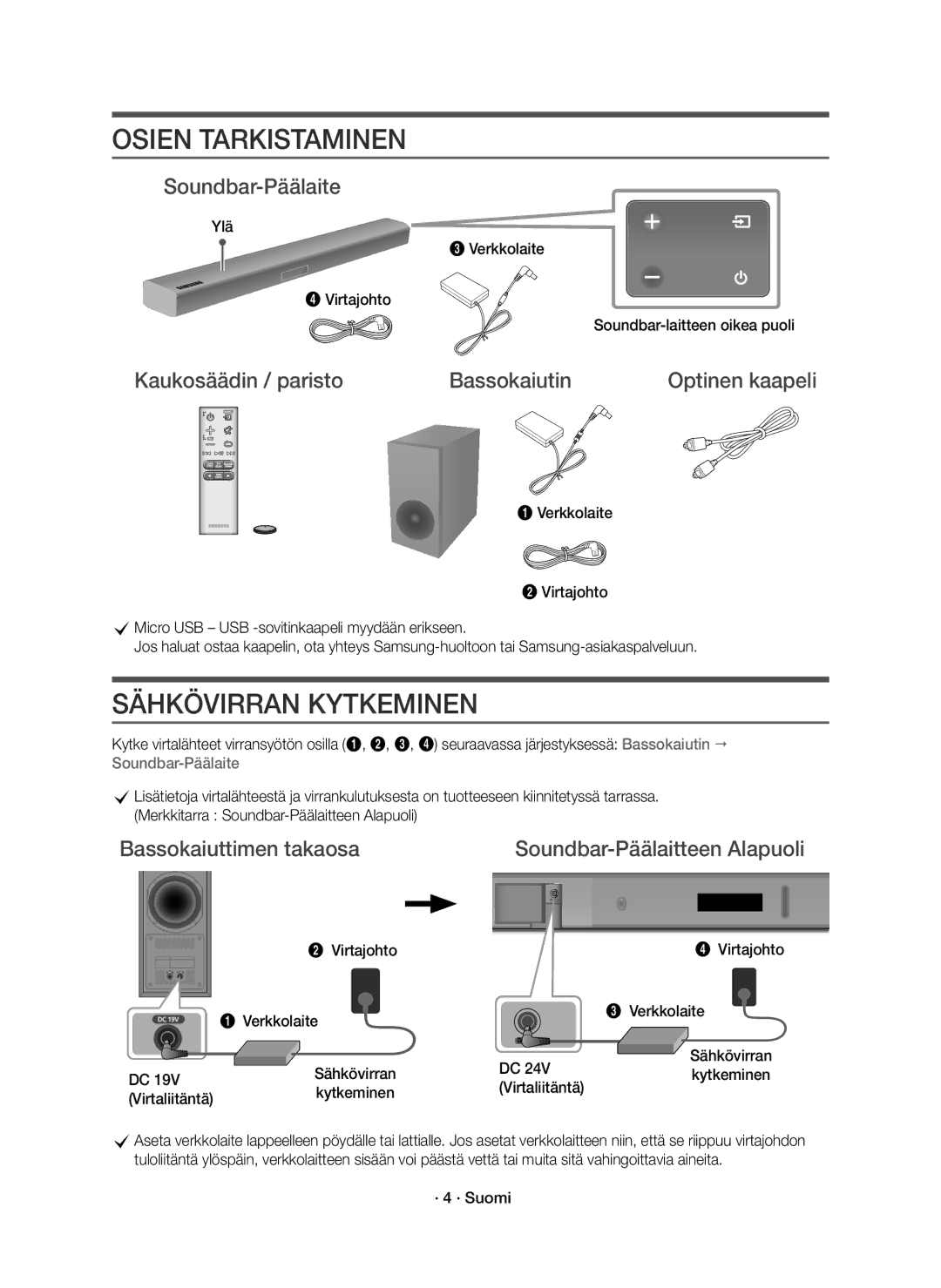 Samsung HW-K440/XE manual Osien Tarkistaminen, Sähkövirran Kytkeminen, Soundbar-Päälaite 