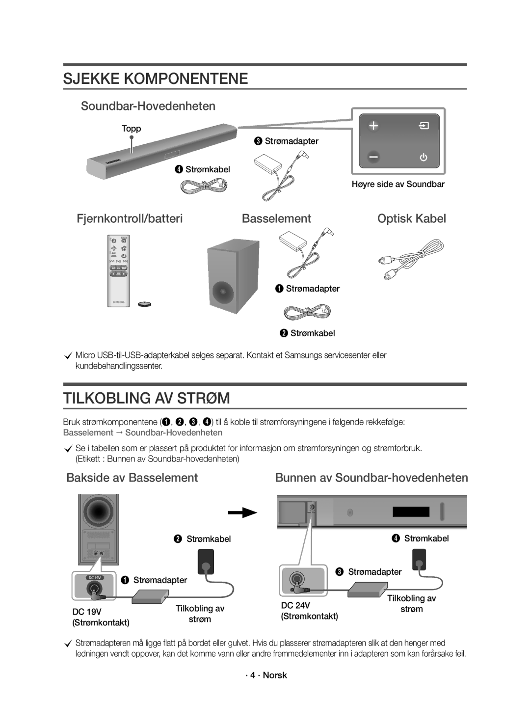 Samsung HW-K440/XE Sjekke Komponentene, Tilkobling AV Strøm, Soundbar-Hovedenheten, Fjernkontroll/batteri Basselement 