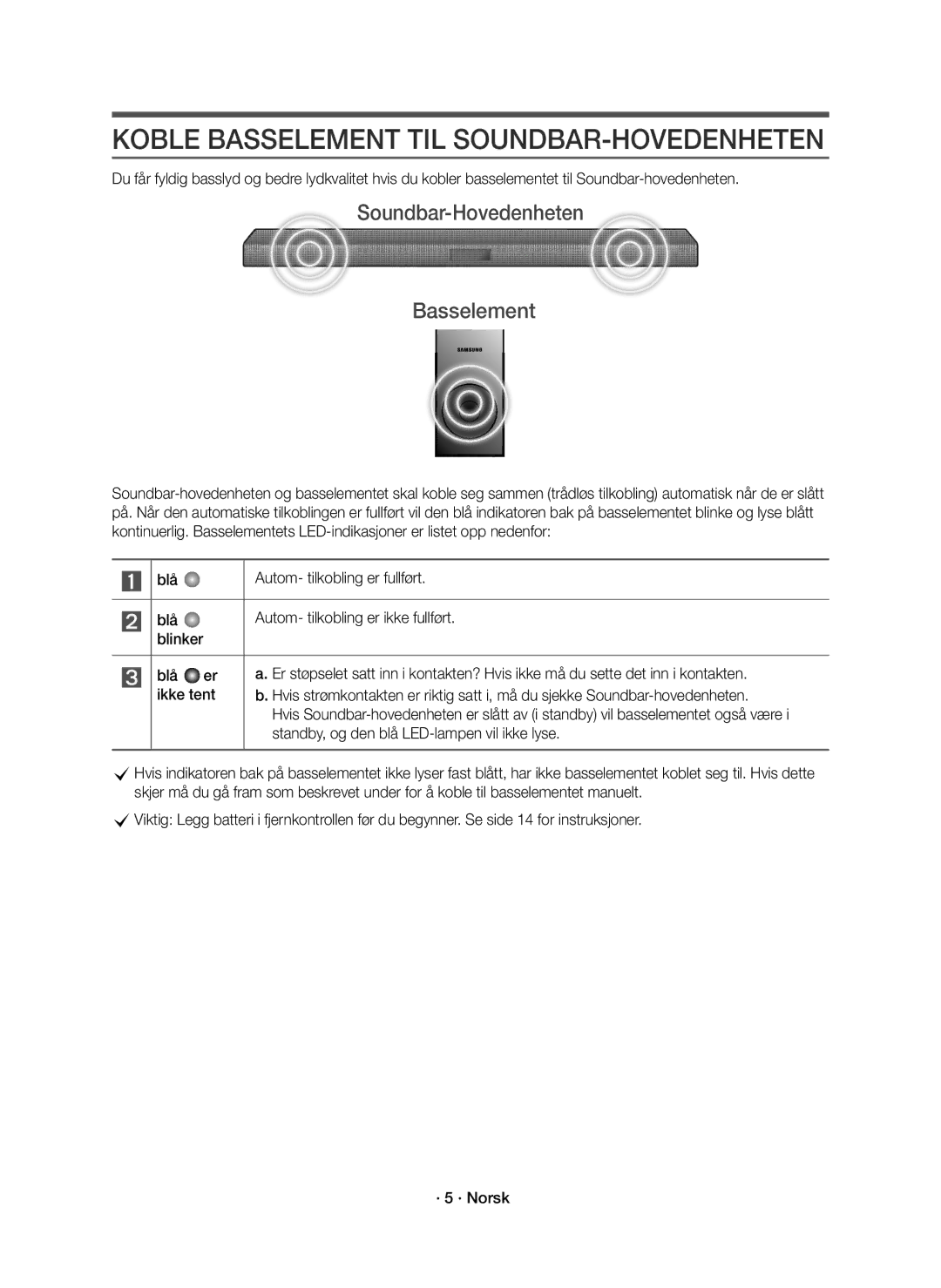 Samsung HW-K440/XE manual Koble Basselement TIL SOUNDBAR-HOVEDENHETEN, Soundbar-Hovedenheten Basselement 