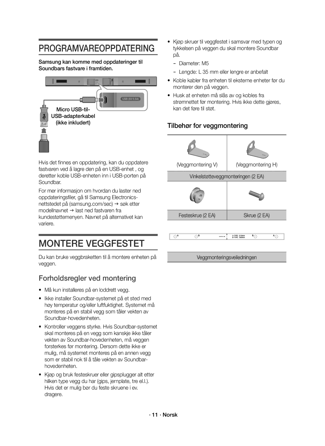 Samsung HW-K440/XE manual Montere Veggfestet, Forholdsregler ved montering, Tilbehør for veggmontering 