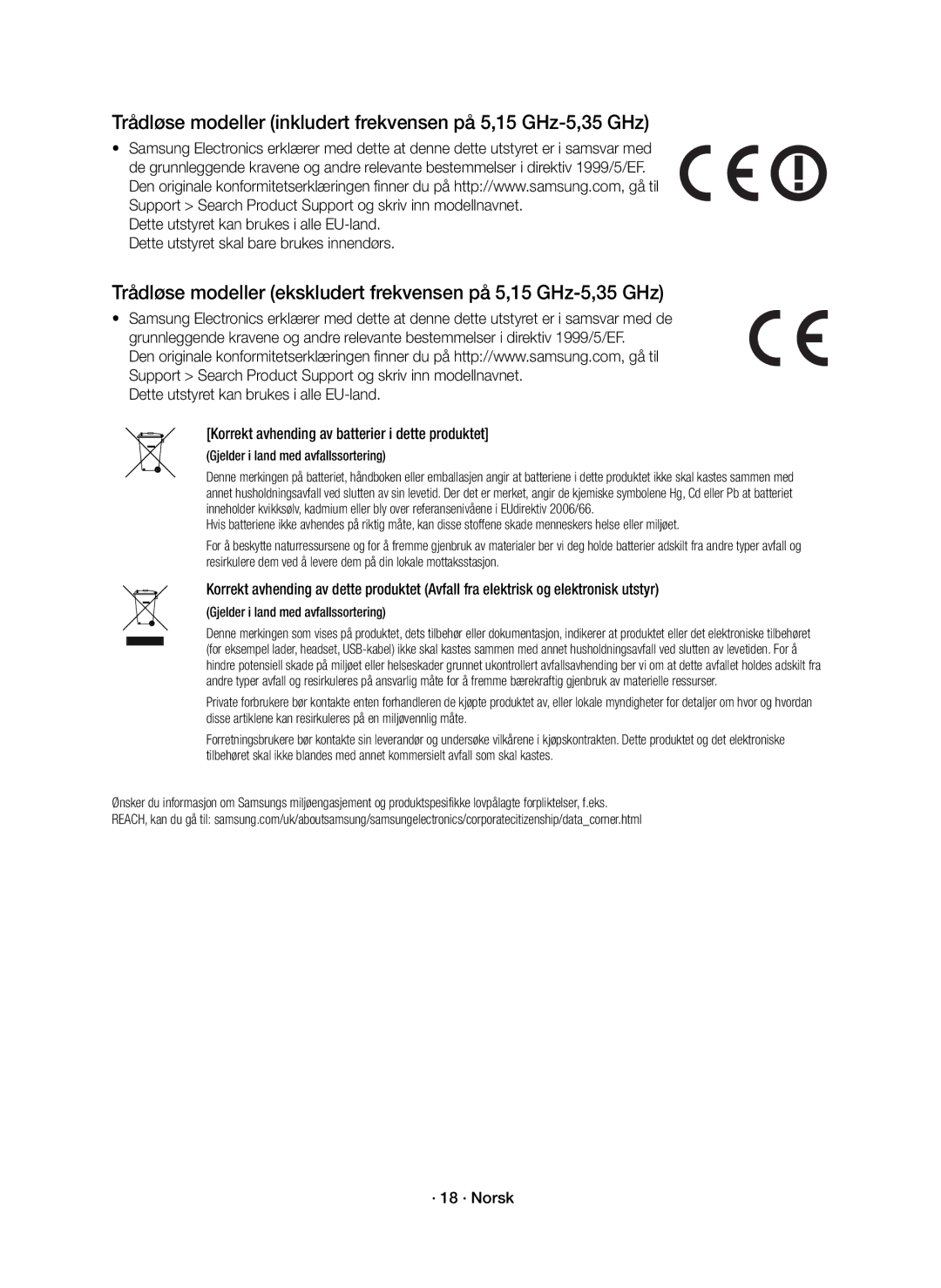 Samsung HW-K440/XE manual Trådløse modeller inkludert frekvensen på 5,15 GHz-5,35 GHz, · 18 · Norsk 