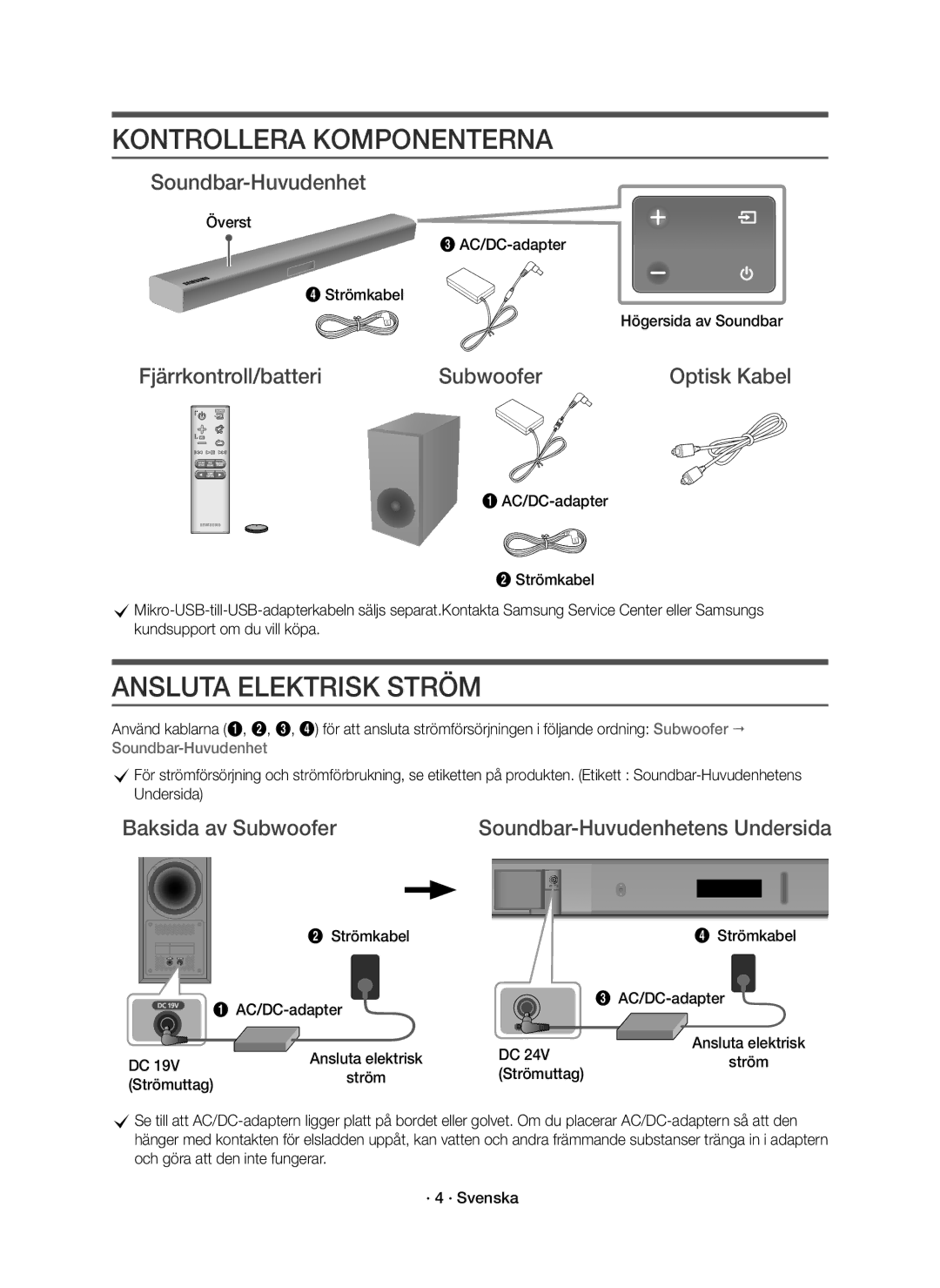 Samsung HW-K440/XE manual Kontrollera Komponenterna, Ansluta Elektrisk Ström, Soundbar-Huvudenhet 