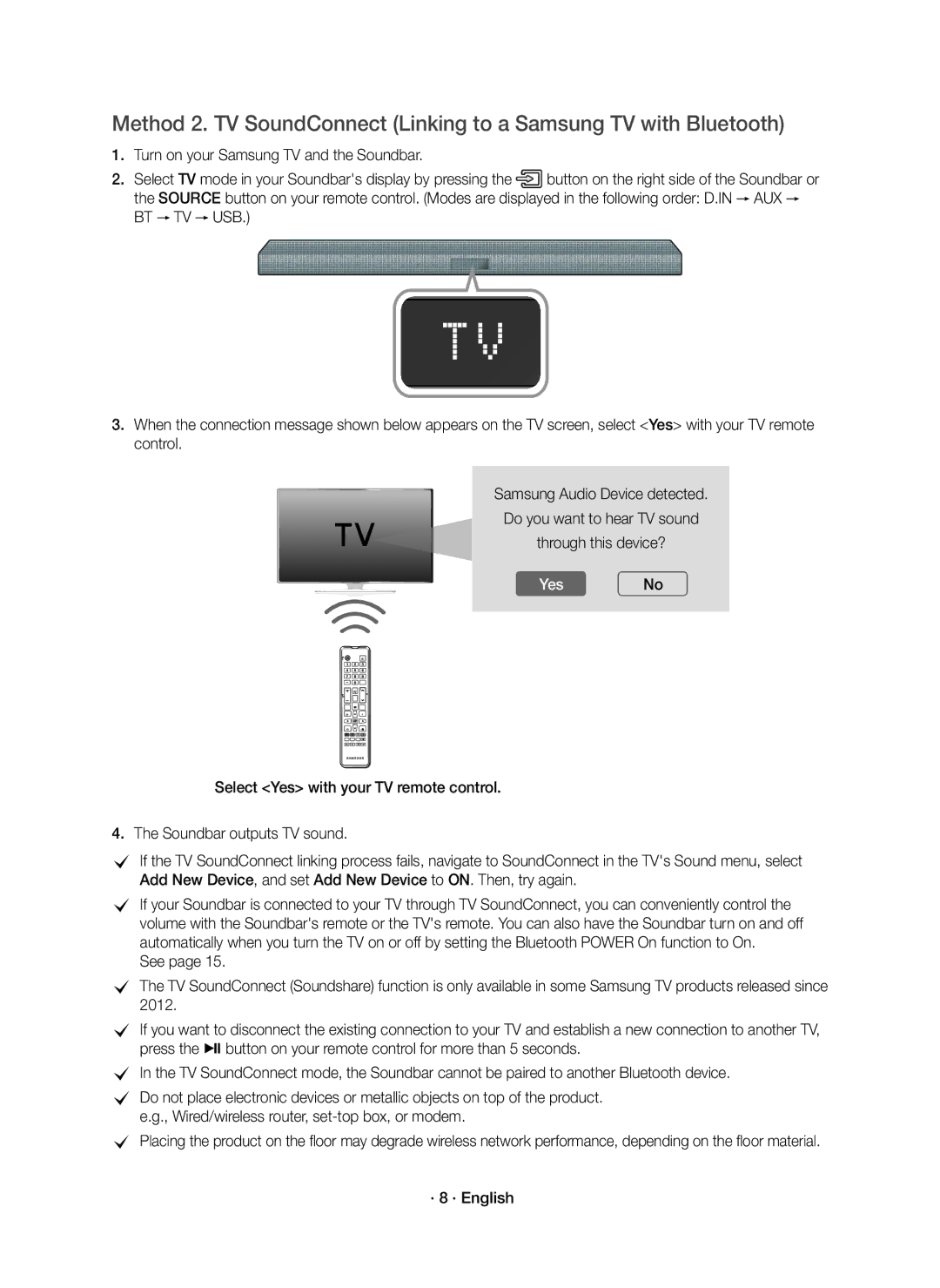 Samsung HW-K440/XE manual YesNo, · 8 · English 